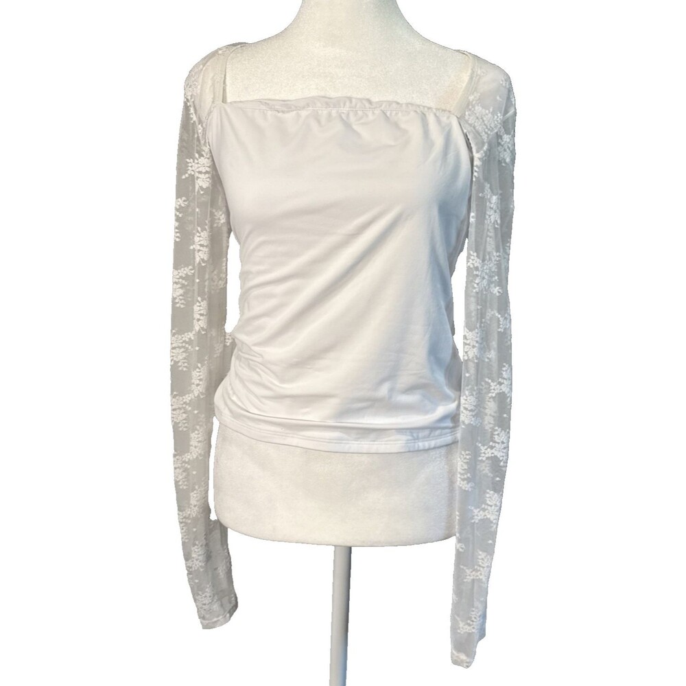 PinkmStyle White Floral Lace Square Neck Long Sleeve Blouse LG Top Coquette Y2K